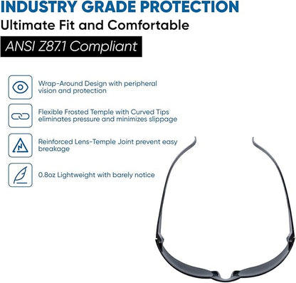 amoolo Tinted Safety Glasses Bulk of 24, Protective Safety Sunglasses, Dark Smoke Lenses for UV Protection, ANSI Z87.1 Impact Resistant Eye Protection for Work, Lab, Construction