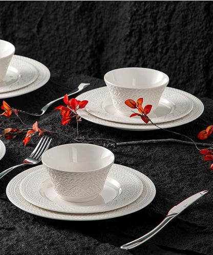 4-piece set, embossed design plate and bowl set, microwave and dishwasher