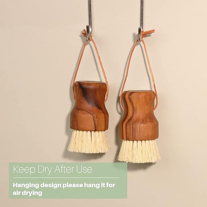 Teak Dish Scrub Brush 2PCS by HTB, Good Grip Small Wooden Dish Brush with Teak Handle & Sisal Bristles for Kitchen, Wood Cleaning Scrubbers Set for Washing Pan/Pot/Vegetable/Fruit