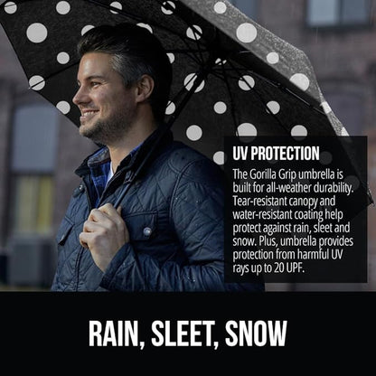 GORILLA GRIP Strong Stick Umbrella for Rain, Compact Travel One-Click Automatic Open Close, Lightweight, Portable, US Designed Reinforced Fiberglass Ribs, Wind Resistant, Easy Collapse, Polka Dots