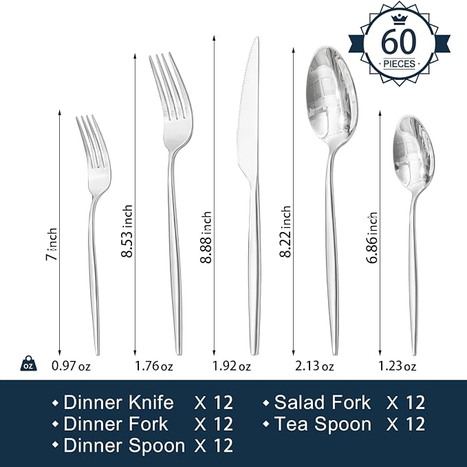 18/10 Silverware Set for 12, 60 Piece Stainless Steel Flatware Cutlery Set |