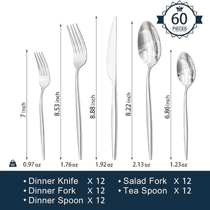 18/10 Silverware Set for 12, 60 Piece Stainless Steel Flatware Cutlery Set |