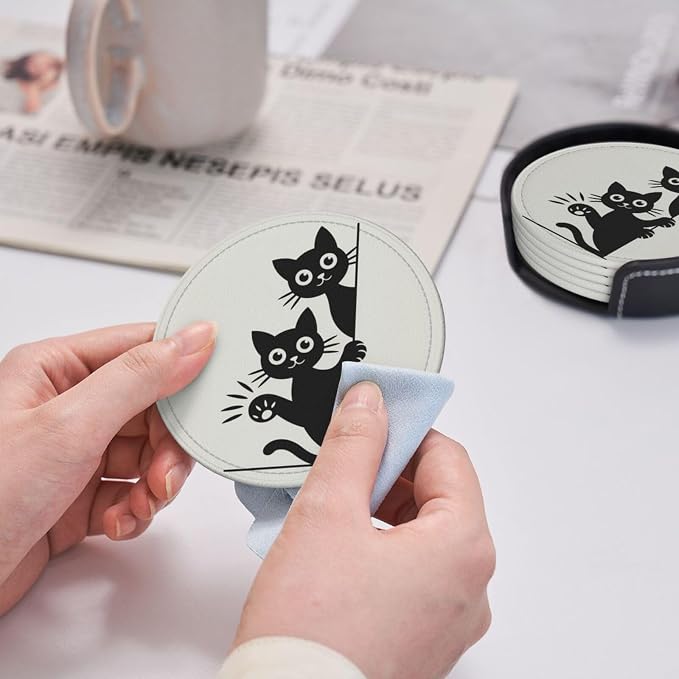 Cute Cats Coasters for Drinks Set of 6, Round Leather Coaster
