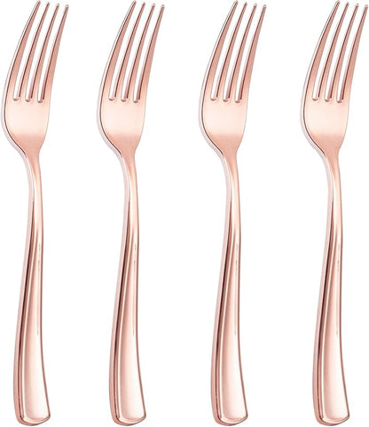 Liacere 200 Pack Rose Gold Disposable Forks - 7.4 Inch Heavy Duty Plastic - Rose Gold Silverware for Catering, Parties, Dinners, Weddings & Mother's Day