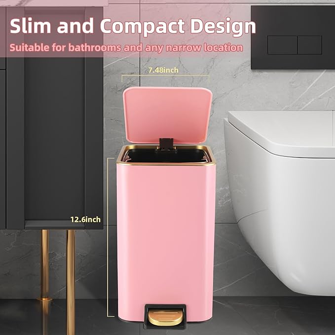 Small Bathroom Trash Can with Lid Soft Close, 1.8 Gallon Stainless Steel Garbage Can with Removable Inner Bucket,80Count Trash Bags, Slim Step Pedal Trash Bins