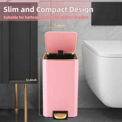 Small Bathroom Trash Can with Lid Soft Close, 1.8 Gallon Stainless Steel Garbage Can with Removable Inner Bucket,80Count Trash Bags, Slim Step Pedal Trash Bins