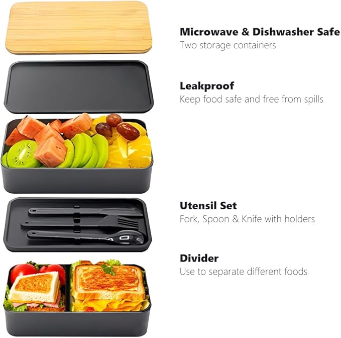 Bento Box Adult Lunch Box Set with Bamboo Lid, Compartments, Divider, Insulated Bag, Utensils, Bento Lunch Box, Microwavable - Japanese Style Lunchbox