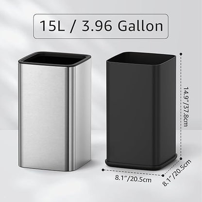 Mbillion 4 Gal/15L Open top Trash Can with Removable Inner Bucket Small Waste Basket, Metal Trash Can for Bathroom Office,Stainless Steel