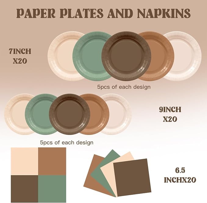 60Pcs Woodland Plates and Napkins Party Supplies, Serves 20 | Sage Green and