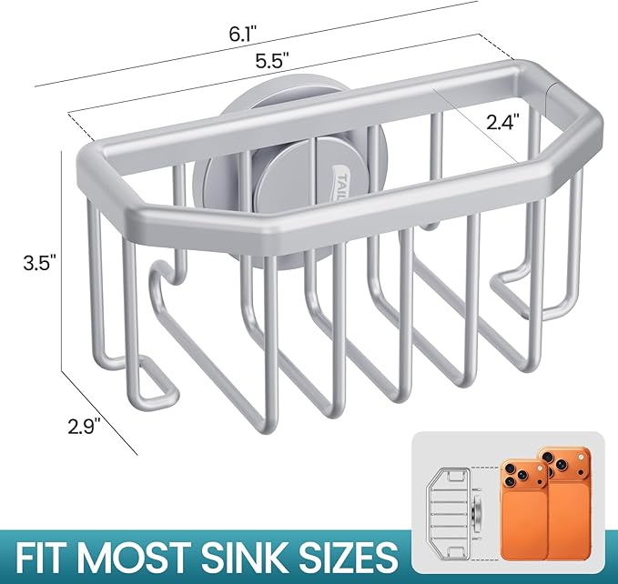 TAILI Sponge Holder for Kitchen Sink with Strong Suction Cup, Rustproof Aluminum Sink Caddy for Sponges, Brushes, Stoppers & Scrapers, Silver