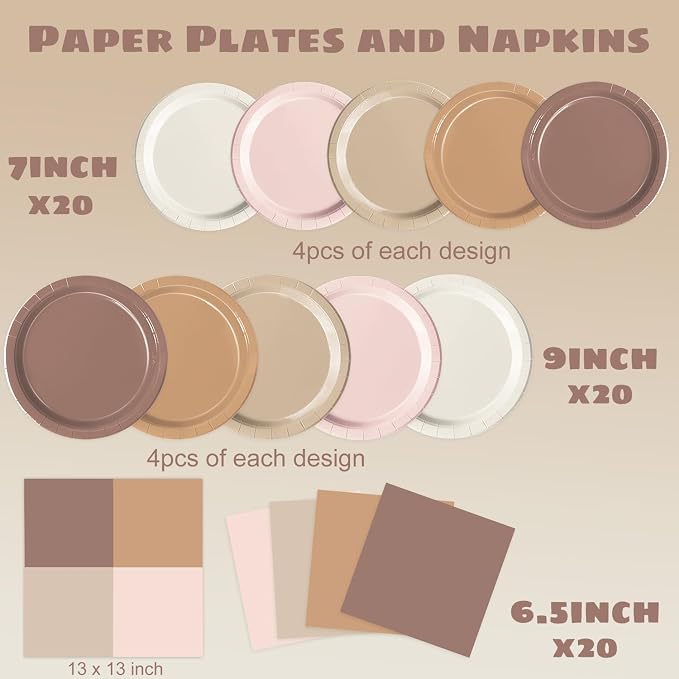 Oigco 60 PCS Brown Paper Plates Boho Baby Shower Decorations Gradient Brown