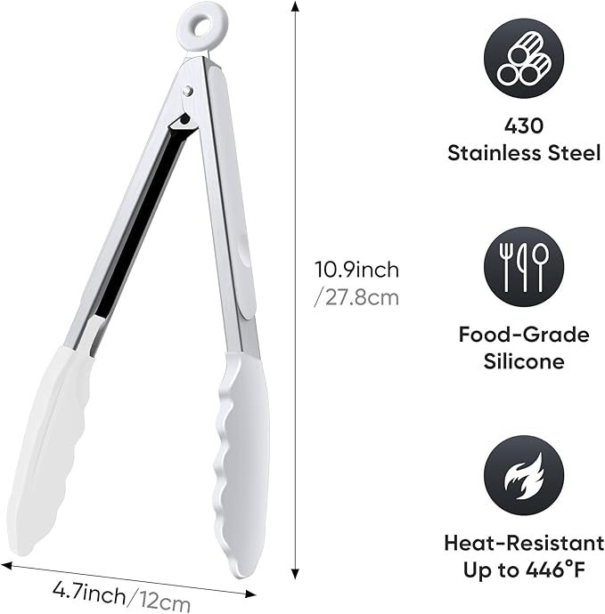9 Inch Kitchen Tongs, Cooking Tongs with Silicone Tips and Stainless Steel Handle, Non Stick Heat Resistant Tongs for Cooking, Buffet, Salad Serving (9", White)