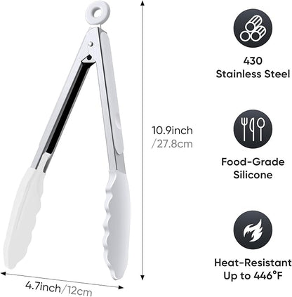 9 Inch Kitchen Tongs, Cooking Tongs with Silicone Tips and Stainless Steel Handle, Non Stick Heat Resistant Tongs for Cooking, Buffet, Salad Serving (9", White)