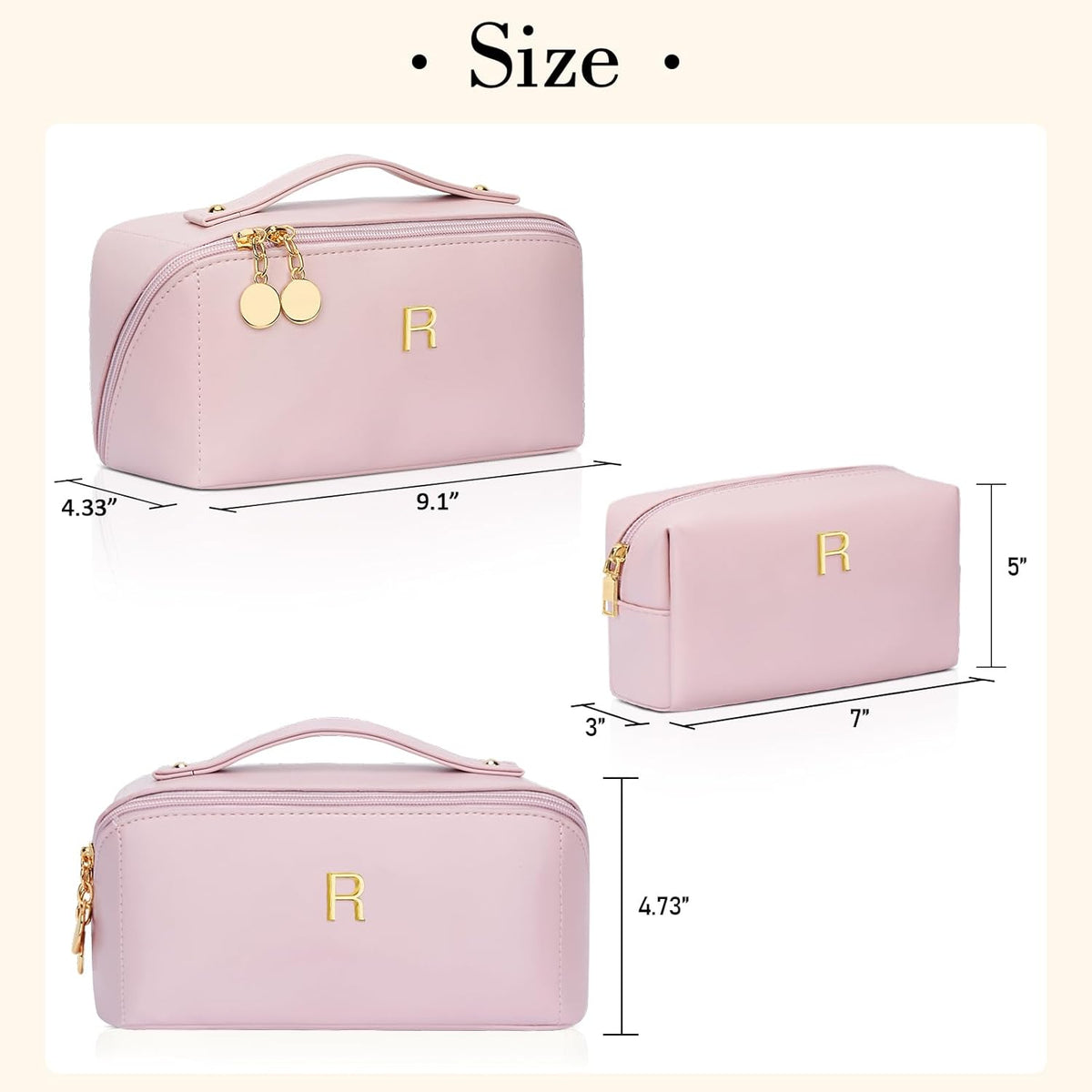 Birthday Gifts for Women Teen Girl, Personalized Initial Makeup Organizer Bag Set, Open Flat Travel Cosmetic Bag With Clear Divider and Handle(Pink,R)