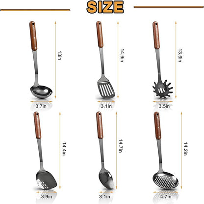 Stainless Steel Mirror Polished Kitchen Utensils Set - 6pcs Cooking Utensils Set with Wooden Handle, Heat Resistant Kitchen Tool Set for Cooking with Turners,Spatula,Ladle,Skimmer,Solid Spoon,Pasta