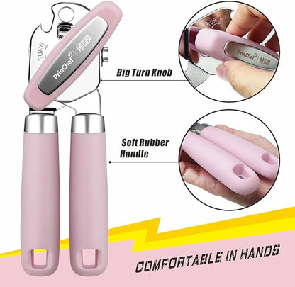 PrinChef Can Opener Manual, Can Tin Bottle Opener with Magnet - No-Trouble-Lid-Lift, Handheld Can Opener Smooth Edge with Sharp Blade, Heavy Duty and Easy to Use, for Seniors with Arthritis, Pink
