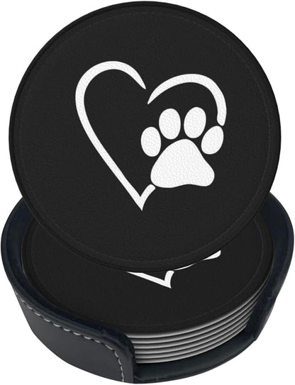 6 Pcs Dog Pet Paws Love Heart Leather Coasters