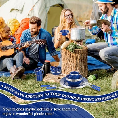 Nuogo 24 Pcs Camping Dinnerware Enamel Mugs Plates Bowls Utensils, Blue