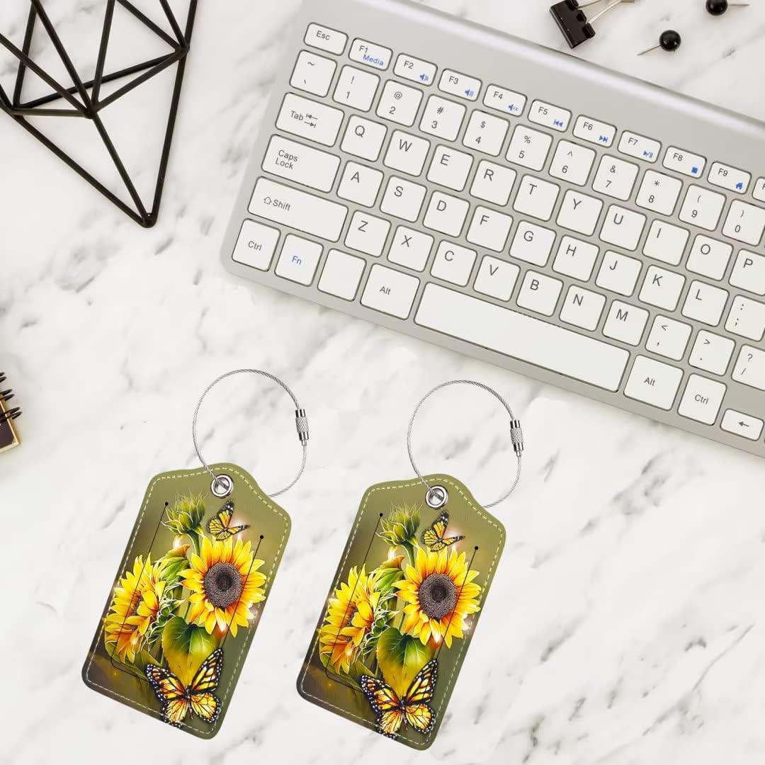 2 Pack Luggage Tag for Suitcase, Cute Unique Leather Bag Tags Identifiers Privacy Cover ID Label with Durable Steel Loop for Women Men Kids Girls Travel, Sunflower
