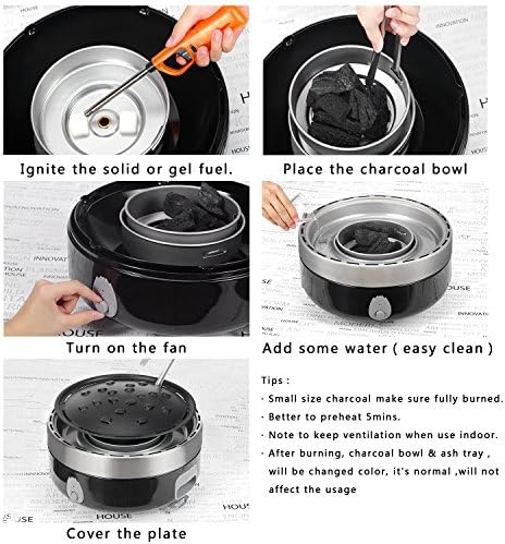 Portable Charcoal Outdoor BBQ Grill For Camping With Travel Bag - Small Tabletop Smoke ＆ Smokeless Pan Optional - Built In Electric Fan Power Supplied By Battery Charger Or Power Bank. (Luxury Black)