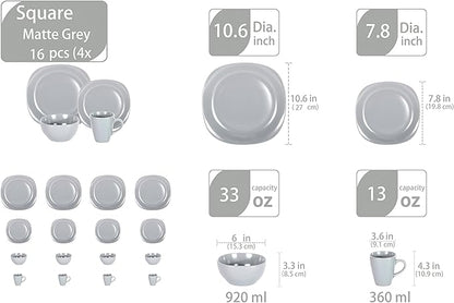 Stoneware Square 16pc Dinnerware Set, Matte Grey