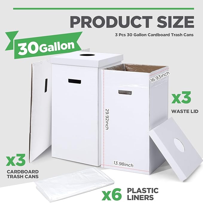 3 Pcs Cardboard Trash Cans with Lid Disposable and Reusable Corrugated Cardboard Trash Cans Recycling Bins Bulk with 6 Garbage Bags White Rubbish Boxes for Parties Events(30 Gallon)