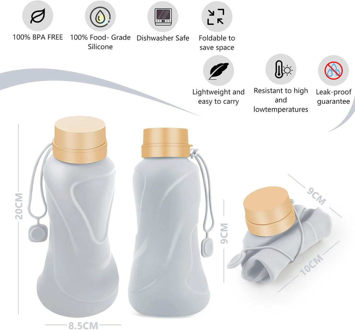 Collapsible Water Bottles,650ml,Leak Proof,Reuseable BPA Free Silicone Foldable Water Bottles,Durable Lightweight for Travel Gym Camping Hiking,Compact Size Portable Sports Water Bottle (Grey)