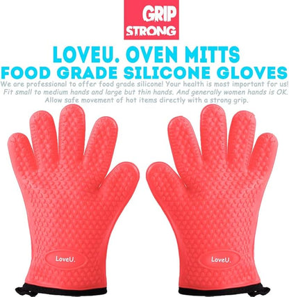 Kitchen Oven Gloves - Dual-Layer Heat Resistant Grilling Gloves, Silicone Oven Mitts with 5 Fingers, Waterproof Non-Slip Pot Holder for Barbecue, Cooking, Baking (XL-XXXL, Red)