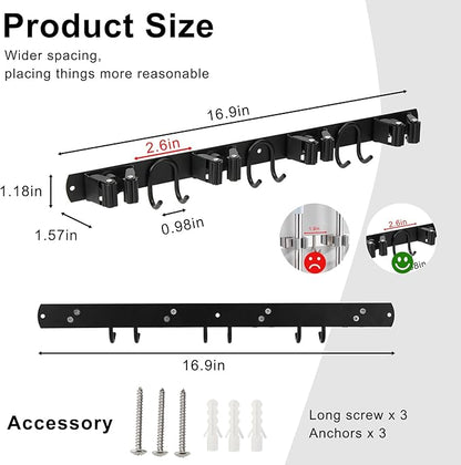 Mop Broom Holder Wall Mount, Black Stainless Steel Tool Storage Organizer for Kitchen Garden Garage Laundry Room Bathroom and RV with 4 Slots 6 Hooks