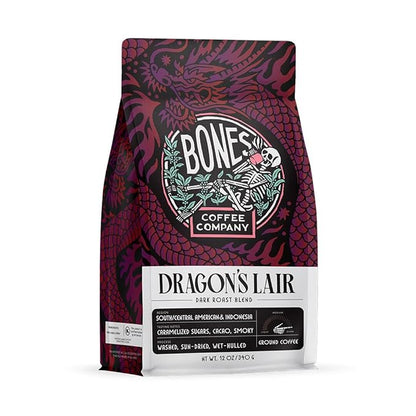 Bones Coffee Company Dragon's Lair, Smokey, Cacao and Caramelized Sugar Notes, Unflavored Coffee, Medium Roast Low Acid Arabica Beans Compatible with Auto drip and French Press Coffee Maker, 12 Oz Ground