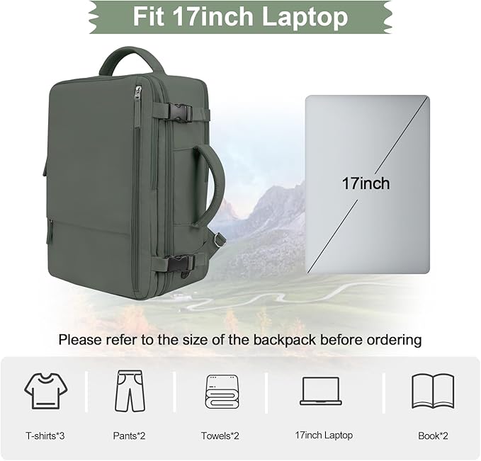 Hanples Women's Large 17.3 Inch Laptop Backpack, Olive Green, Waterproof, Suitable for Air Travel