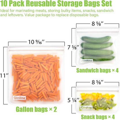 Reusable Food Storage Bags - 10 Pack Freezer Bags, Reusable Bags Silicone, Extra Thick Leakproof Reusable Lunch Bag for Salad Fruit Snack Travel - 2 Gallon 4 Sandwich 4 Snack Bags