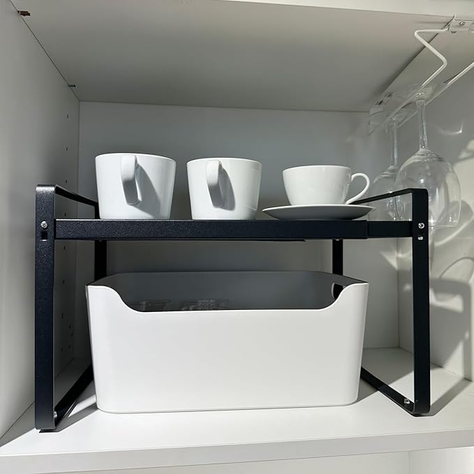 Set of 2 Expandable Cabinet Shelf Organizer, Black Kitchen Countertop Shelves, Stackable Metal Pantry Storage Organizer for Cupboard, Spice Rack