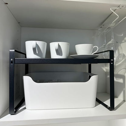 Set of 2 Expandable Cabinet Shelf Organizer, Black Kitchen Countertop Shelves, Stackable Metal Pantry Storage Organizer for Cupboard, Spice Rack