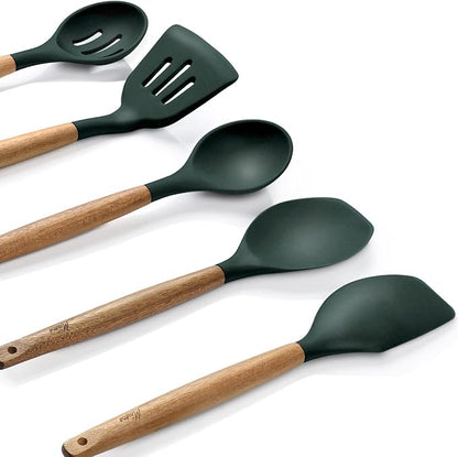 Miusco Non-Stick Silicone Cooking Utensils Set with Natural Acacia Hard Wood Handle, 5 Piece, High Heat Resistant (Green)