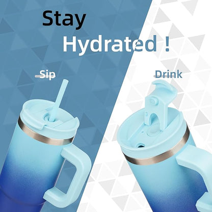 30 oz Tumbler with Handle and 2 Straws,2 in 1 Lid Insulated Water Bottle Stainless Steel Travel Coffee Mug,Sky