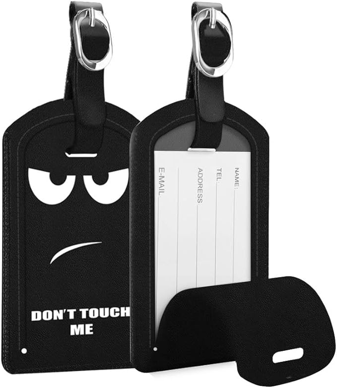 FINTIE 2 Pack Luggage Tags, Leather Name ID Labels with Privacy Cover for Travel Bag Suitcase, Theme - Don't Touch Me