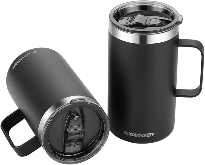 KXIAOCHEN 20oz Insulated Coffee Mug with Lid, Stainless Steel Coffee Cup, Double Wall Vacuum Coffee Tumbler with Handle, Premium Thermal Travel Coffee Mug (Black 2Pack)
