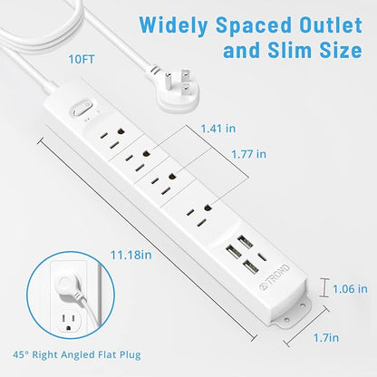 TROND Surge Protector Power Strip with USB, Ultra Thin Flat Plug 10ft Long Extension Cord 1625W, 3 USB A & 1 Type C, 4 AC Outlets 1440J Surge Protection Wall Mount for Home Office Dorm Room, White