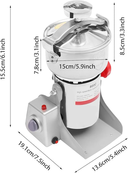 800g Electric Grain Mill Grinder with High-pressure Cover High Speed 3500W Commercial Grinders, Stainless Steel Machine for Dry Grains, Coffee, Corn (800g/1.8lbs - B)