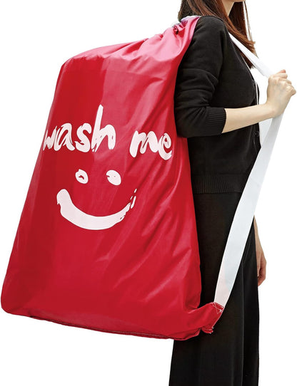 HOMEST 2 Pack XL Wash Me Travel Laundry Bag with Strap, Dirty Garments Organizer, Large Enough to Hold 4 Loads of Clothes, Easy Fit a Hamper or Clothing Basket, Black and Red