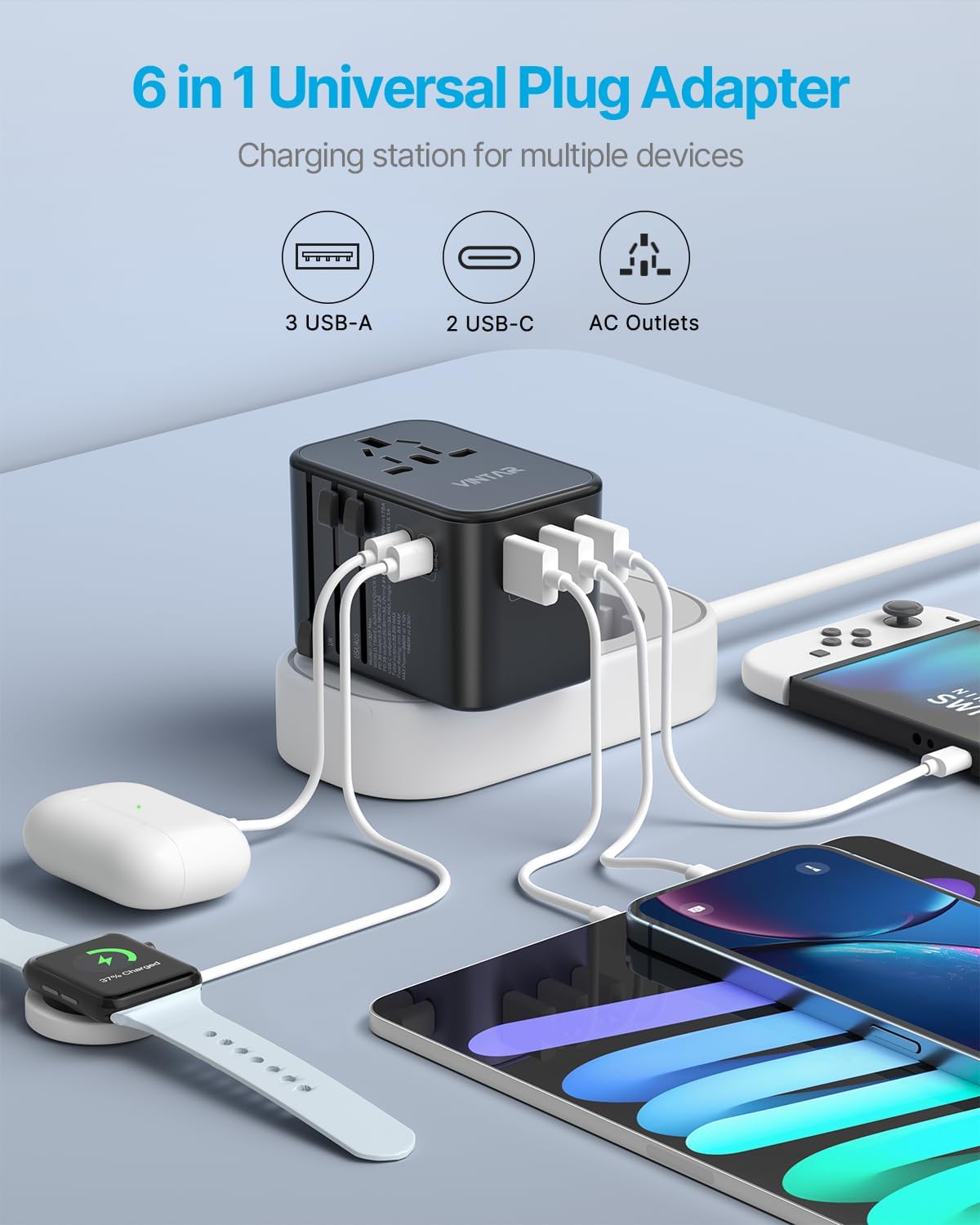 Universal Travel Adapter, VINTAR 35.5W International Power Adapter with 3 USB A QC and 2 USB C PD, All in One Plug Adapter Worldwide Travel Essentials for EU/UK/USA/AUS(Type C/G/A/I), Black