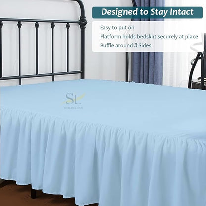 Shreem Linen Ruffled Bed Skirt with Split Corners, Gathered Style, 100% Microfiber, 16-Inch Drop, Dust Ruffle Bedskirt with Platform, Olympic Queen, Light Blue
