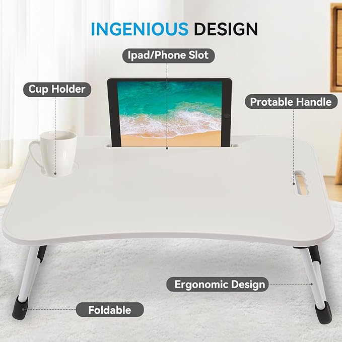 BUYIFY Folding Lap Desk, 23 Inch Portable Wood White Laptop Bed Desk Lap Desk with Cup Holder, for Working Reading Writing, Eating, Watching Movies for Bed Sofa Couch Floor