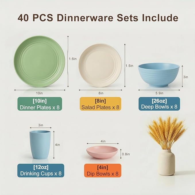 Plates and Bowls Sets 40 Piece, Wheat Straw Dinnerware Sets