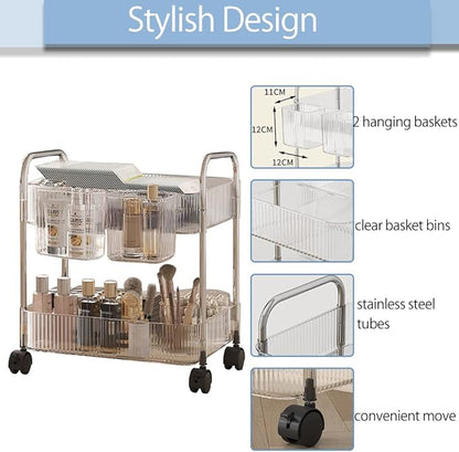 2-Tier Utility Rolling Cart Storage Organizer Sofa Side Table with Wheels, Under Desk Mobile Trolley Organizer with Handle and 2 Hanging Baskets for Office Home Kitchen Organization, Transparent