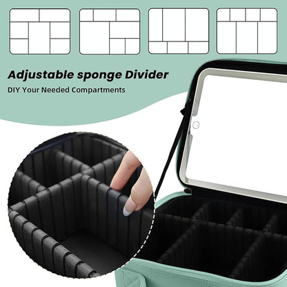 Travel Makeup Bag with LED Mirror and Light Makeup Travel Bag Organizer Portable Cosmetic Brush Organizer Bag with Adjustable Dividers for Cosmetics Makeup Brushes Toiletry (Light Green)