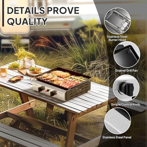 ROVSUN 2 Burner Portable Propane Griddle with Electronic Ignition & Regulator, 20,000 BTU Tabletop Flat Top Gas Grill with Nonstick Enameled Tray for Outdoor Cooking Camping BBQ Tailgating Picnicking