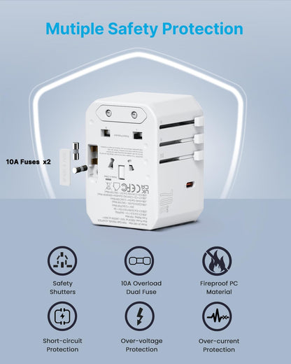 Universal Travel Adapter, VINTAR 70W GaN International Power Adapter with 5 USB Ports (3 USB-C), All-in-one Travel Essentials Plug Adaptor, Travel Adapter Worldwide for UK/EU/USA/AUS, White