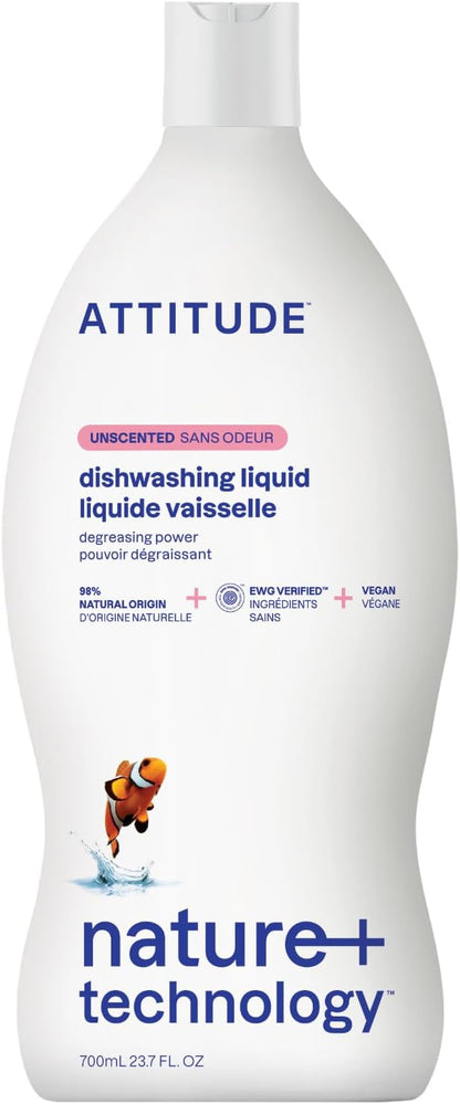 ATTITUDE Dish Soap, EWG Verified, Plant-Based & Vegan Dishwashing Liquid, Naturally Derived, Unscented, 23.7 Fl Oz